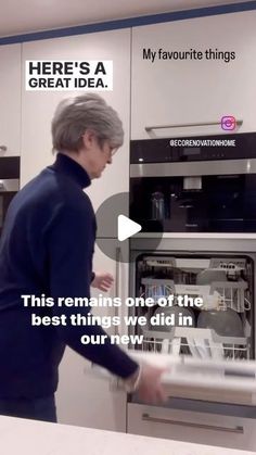 a woman standing in front of a dishwasher with the words, here's a great idea