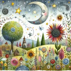 a painting with flowers and stars in the sky above it is a full moon over a village