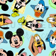 mickey mouse and donald duck faces on a blue background with other cartoon characters in the background