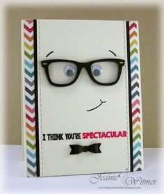 a card with glasses and a bow tie on it that says i think you're spectacular