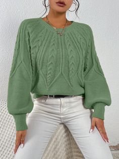 Cable Knit Lantern Sleeve Sweater,Long Sleeve Tops Green Casual  Long Sleeve Fabric Plain Pullovers Medium Stretch  Women Clothing, size features are:Bust: ,Length: ,Sleeve Length: Lantern Sleeve Sweater, Oversize Pullover, Pullover Outfit, Winter Pullover, Long Sleeve Pullover Sweater, Plus Size Kleidung, Outfit Casual, Outfits Casuales, Knitwear Women