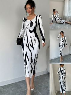 Asymmetrical Print Bodycon Long Sleeve Midi Dress For Women Black and White Elegant  Long Sleeve Knitted Fabric Colorblock,Graphic,All Over Print Bodycon High Stretch  Women Clothing, size features are:Bust: ,Length: ,Sleeve Length: Midi Dress For Women, Sequin Bodycon Dress, Bodycon Midi Dress, Denim Mini Dress, Bodycon Fashion, Patchwork Dress, Bodycon Midi, Long Sleeve Midi, Long Sleeve Midi Dress