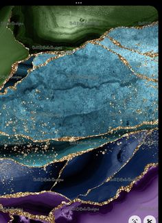 an abstract painting with gold glitters on the edges of blue and green paint, as well as other colors