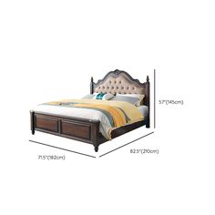 a bed with a wooden frame and tufted headboard, measurements for the size