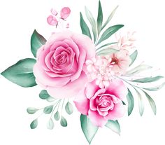 Pink roses and green leaves watercolor floral Green Leaves Watercolor, Leaves Watercolor, Floral Ideas, Floral Photo, Arte Floral, Photo Library, Flower Images, Scrapbooking Ideas