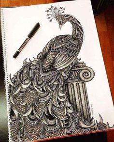 a drawing of a peacock sitting on top of a trash can next to a pen