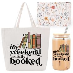 two books and a tote bag with the words my weekend is full of books