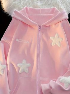 Women Spring And Autumn Letter Five-Pointed Star Print Drop Shoulder Long Sleeve Zipper Placket Casual Hooded Sweatshirt Pink Casual  Long Sleeve Fabric Colorblock,Geometric,Letter Zip Up Slight Stretch  Women Clothing, size features are:Bust: ,Length: ,Sleeve Length: Zipper Placket, Casual Denim Pants, Skater Jeans, Brand Clothes, Womens Sweatshirts Hoods, Rose Bonbon, Pink Letter, Five Pointed Star, Really Cute Outfits