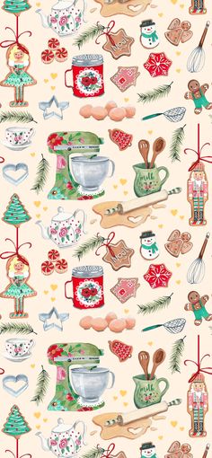 a christmas themed wallpaper with cookies, mugs and other holiday items on it