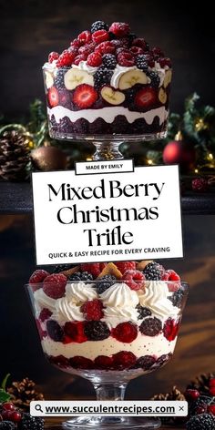 three layered desserts are stacked on top of each other with the words mixed berry christmas trifle