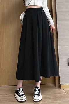 High Waist A-Line Long Pleated Skirts – Tomscloth Aline Long Skirts, Japanese Skirts Long, Pleated Knee Length Skirt, Classy Long Skirts, Ankle Length Skirts, A Line Skirts Outfits, Long Skirt Outfits School, Korean Style Skirt Long, Outfits With Long Skirts Black