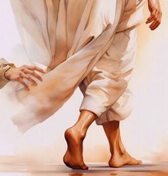 a painting of a man with his foot in the air, wearing white clothing and sandals