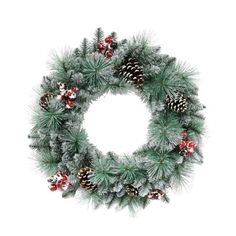 a christmas wreath with pine cones and berries