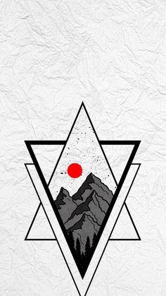 a triangle with mountains in the middle and a red sun above it on a white paper background