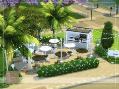 an artist's rendering of a garden with tables and umbrellas