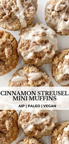 cinnamon streusel mini muffins with icing on top and the title above it