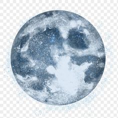 an image of the moon with snow on it's surface, as well as stars and