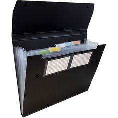 a black folder with two dividers on it