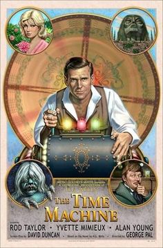 the time machine poster with an image of a man holding a chest in front of him