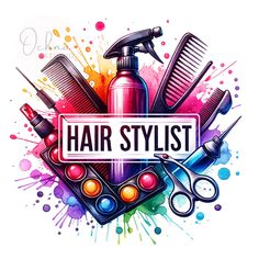 a hair stylist logo with scissors, combs and sprayer on it