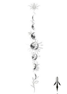 an artistic black and white drawing of the moon, stars, and sun in space