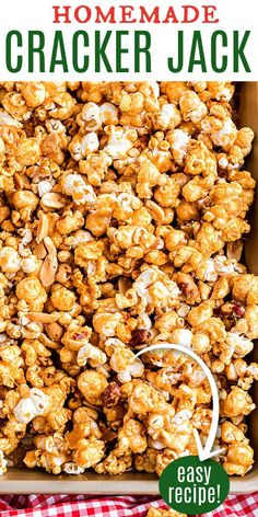 homemade cracker jack popcorn in a box with text overlay