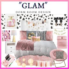 Girl Dorm Room Decor, Pink Dorm Room, Trendy Dorm Room Decor Pink Grey Black Bedroom, Glam Dorm Room, Black White And Pink Bedroom, Glam Decor On A Budget, Pink And Gold Room, Room Rendering, Pink Dorm Room Decor, Pretty Dorm Room, Pink Dorm Rooms