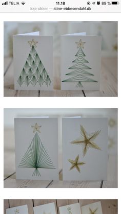 three christmas cards with gold foil stars on them, one is green and the other is white