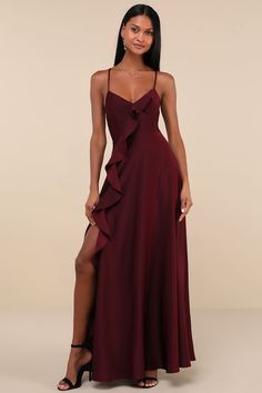 Dark Plum Backless Dress - Lace-Up Ruffled Maxi Dress - Dress - Lulus Dressy Satin Dress With Ruffles, Elegant Satin Gown With Ruffles, Satin Gown With Ruffles For Cocktail, Elegant Ruffled Maxi Dress For Prom, Silk Evening Dress With Ruffles For Prom, V-neck Satin Dress With Ruffles, Satin Gala Gown With Ruffles, Sleeveless Satin Dress With Ruffles, Satin Gown With Ruffles For Gala