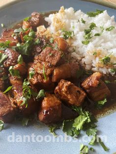 a blue plate topped with meat and rice covered in cilantro next to green garnish