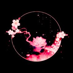 a glass plate with flowers on it in the middle of a black background and some pink bubbles