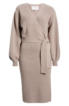 This faux-wrap sweater-dress knit with soft ribbing features a sultry dipped neckline and waist-cinching sash. 40" length (size medium) Surplice V-neck Long sleeves with ribbed cuffs Attached waist tie 50% viscose, 28% polyester, 22% nylon Hand wash, dry flat Imported Flattering Fall Dresses, Best Sweater Dress, Sweater Dress Family Photos, Fall Work Dresses For Women, Long Dress With Boots Winter, Fitted Faux Wrap Dresses For Fall, Fall Date Night Midi Wrap Dress, Fall Midi Length Wrap Dress For Daywear, Fall Midi Wrap Dress For Daywear