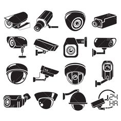 black and white security cameras icons set on white background stock photo - budget conscious clipart