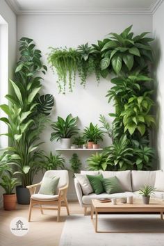 a living room with plants on the wall and couches in front of it,