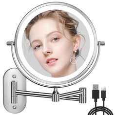 a woman's face is shown in the mirror and plugged into an outlet