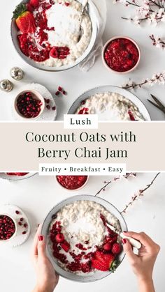 a bowl of oats with berries and whipped cream in it, on top of a table