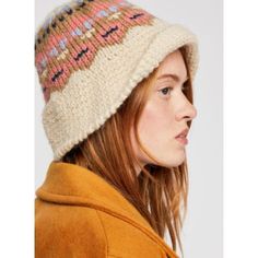 Natural Color. No Flaws. New With Partial Marshall's Tag. Retro Style Knit Bucket Hat Featured In A Soft, Unstructured Style With A Woven Fairisle Design. Unlined Foldable Brim Flared Brim Warm Beige Crochet Hat For Cold Weather, Beige Hand Knitted Hats For Fall, Hand Knitted Beige Hat For Fall, Beige Crochet Hat For Fall Cold Weather, Fall Hand Knitted Beige Hat, Beige Hand Knitted Winter Hat, Casual Winter Fair Isle Pattern Hat, Bohemian Beige Crochet Hat For Winter, Beige Bohemian Crochet Hat For Winter