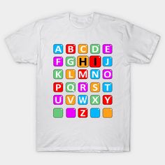 a white t - shirt with colorful alphabets on it