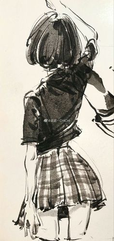 a black and white drawing of a girl in a skirt