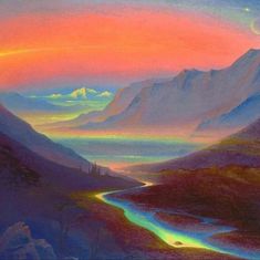 an oil painting of mountains and a river in the foreground with a rainbow colored sky