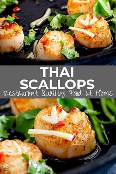 thai scallops with lettuce and tomatoes on a black plate