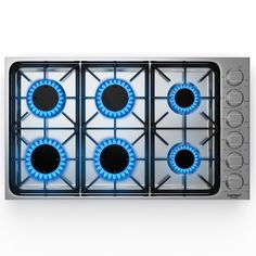 four burners with blue lights are on the side of a stove top that is stainless steel