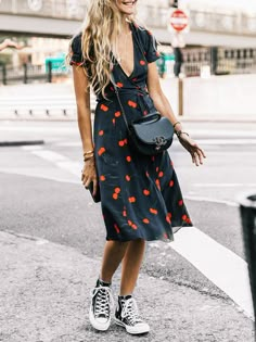 Trend Outfits, Dress And Sneakers Outfit, Cherry Dress, Comfy Clothes, Dinner Outfits