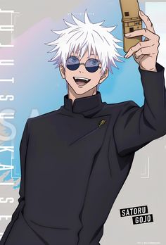 an anime character with white hair and sunglasses holding up a cell phone to take a selfie