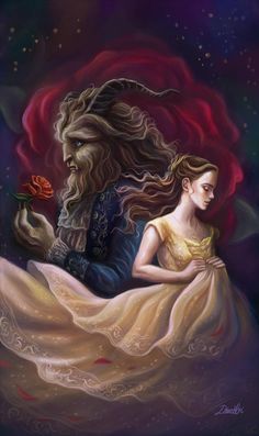 a painting of beauty and the beast holding a rose in their hands with an evil looking face