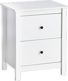 a white nightstand with two drawers on one side and black knobs on the other