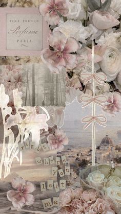 an artistic collage with flowers and words written in french on the bottom right corner