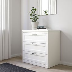 a white chest of drawers with a plant on top