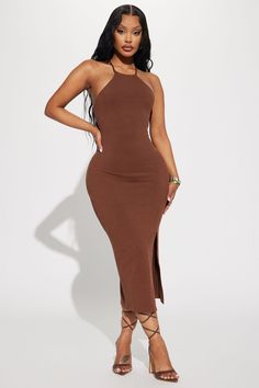 Jill Ribbed Midi Dress - Brown Modest Classy Dresses, Dinner Dress Classy, Dress High Neck, Ribbed Midi Dress, Beige Dresses, Dinner Dress, Brown Fashion, Classy Dress, Crochet Dress