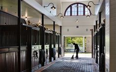 a person is standing in the doorway of a horse stable